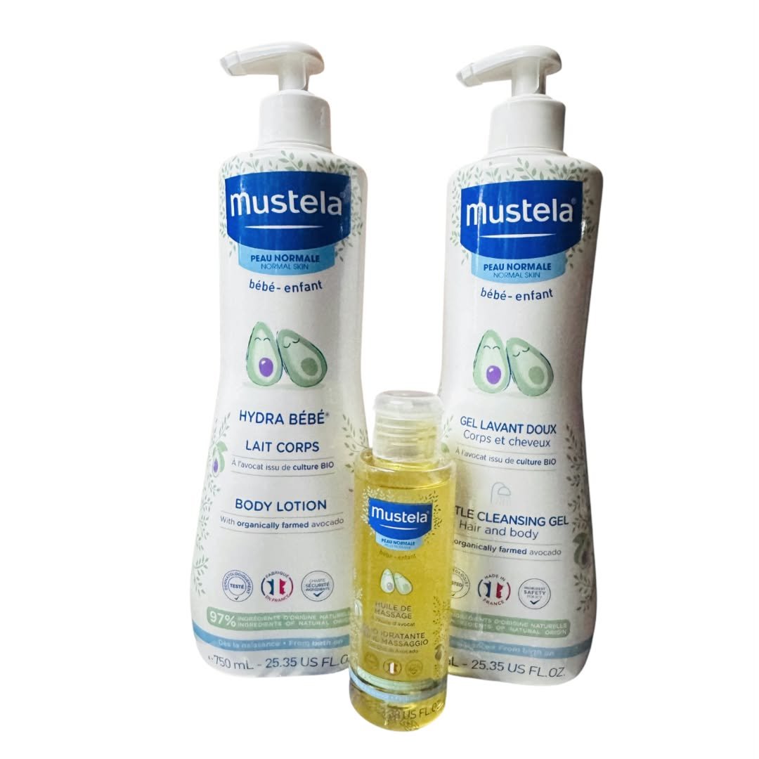 mustela Hydra bebe body lotion 750ml Massage oil and Gentle Cleansing Gel 25.35 Floz Combo